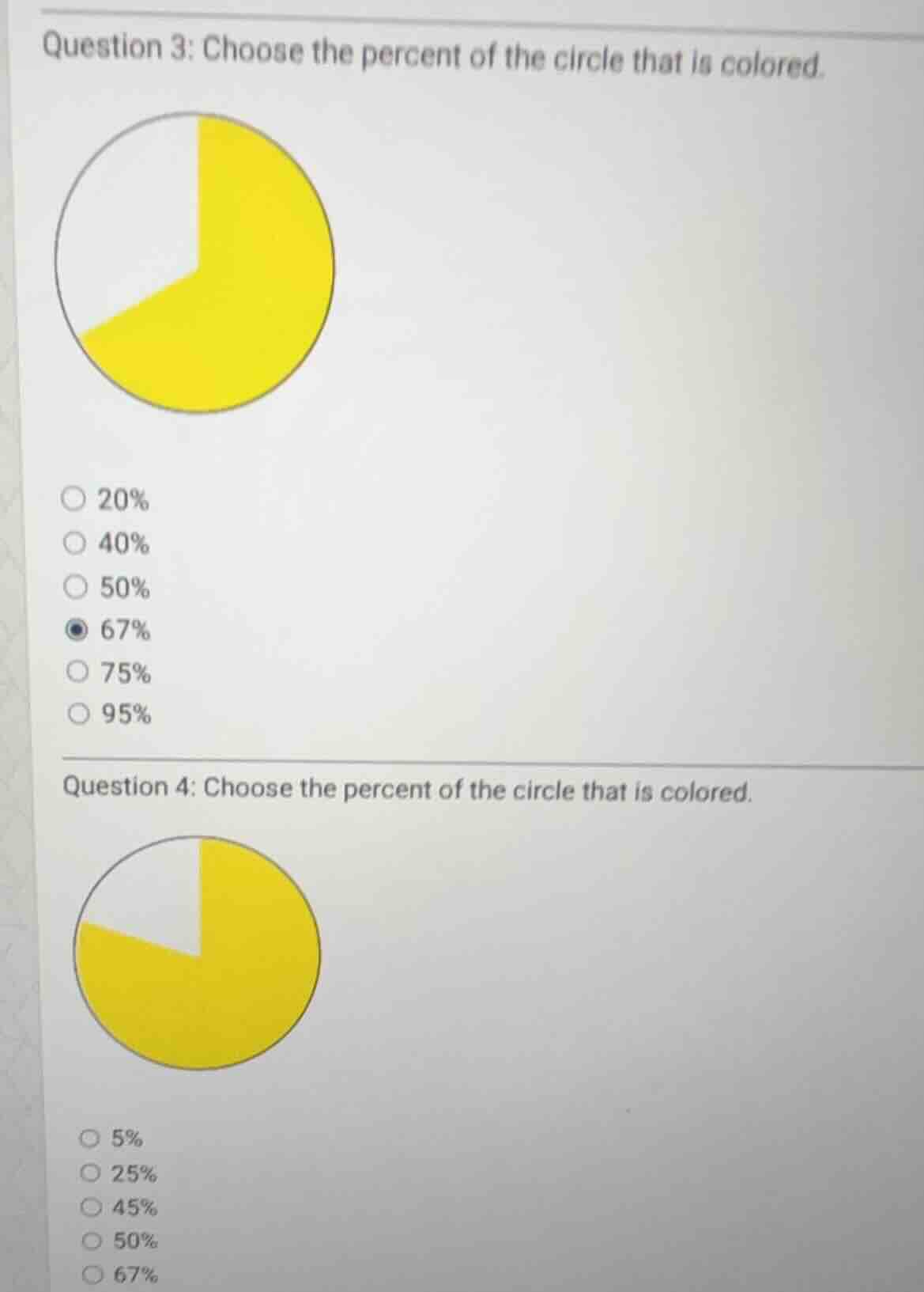 question 3: choose the percent of the circle that is colored. 20% 40% 5…