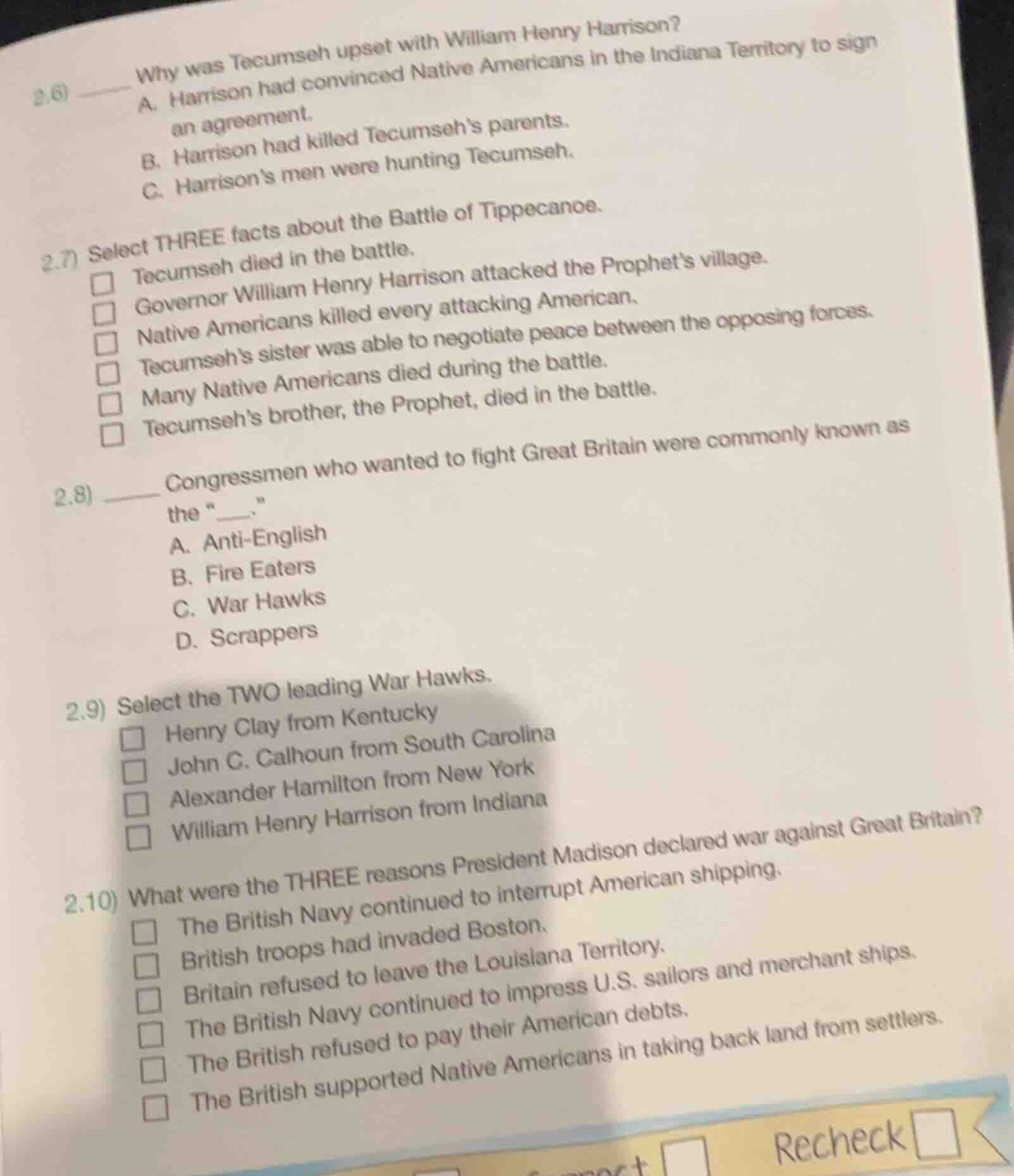 2.6 why was tecumseh upset with william henry harrison? a. harrison had…