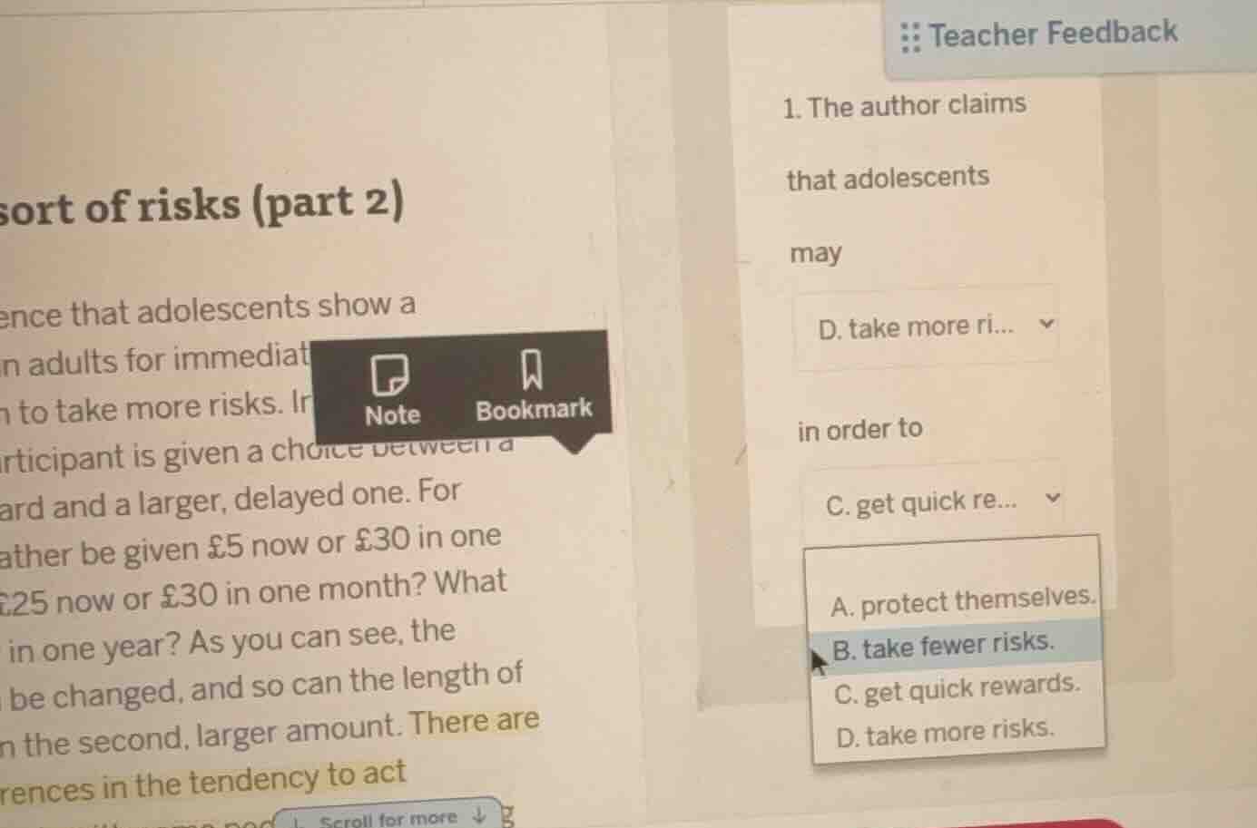 teacher feedback 1. the author claims that adolescents may d. take more…