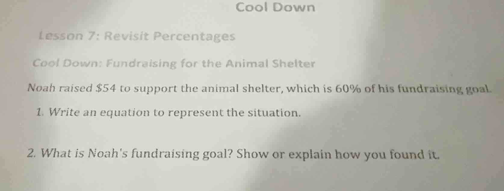 cool down lesson 7: revisit percentages cool down: fundraising for the …