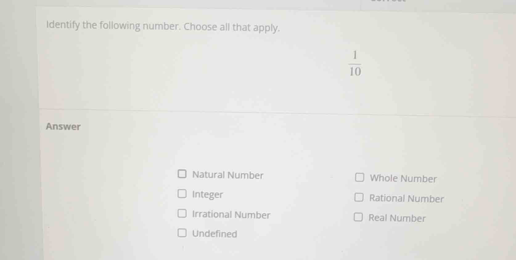 identify the following number. choose all that apply.\\(\\frac{1}{10}\\…