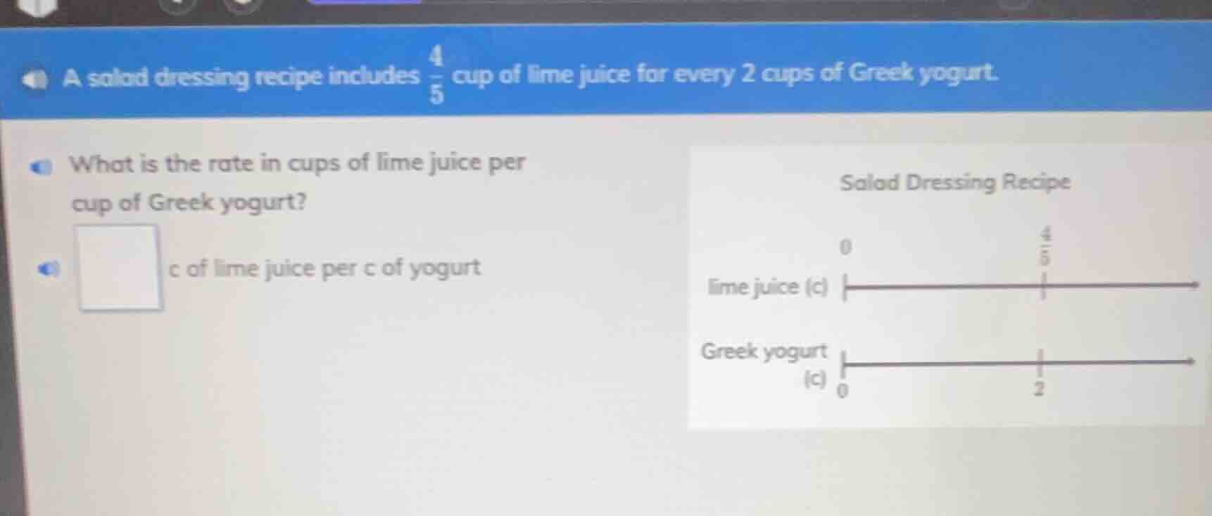 a salad dressing recipe includes \\(\\frac{4}{5}\\) cup of lime juice f…