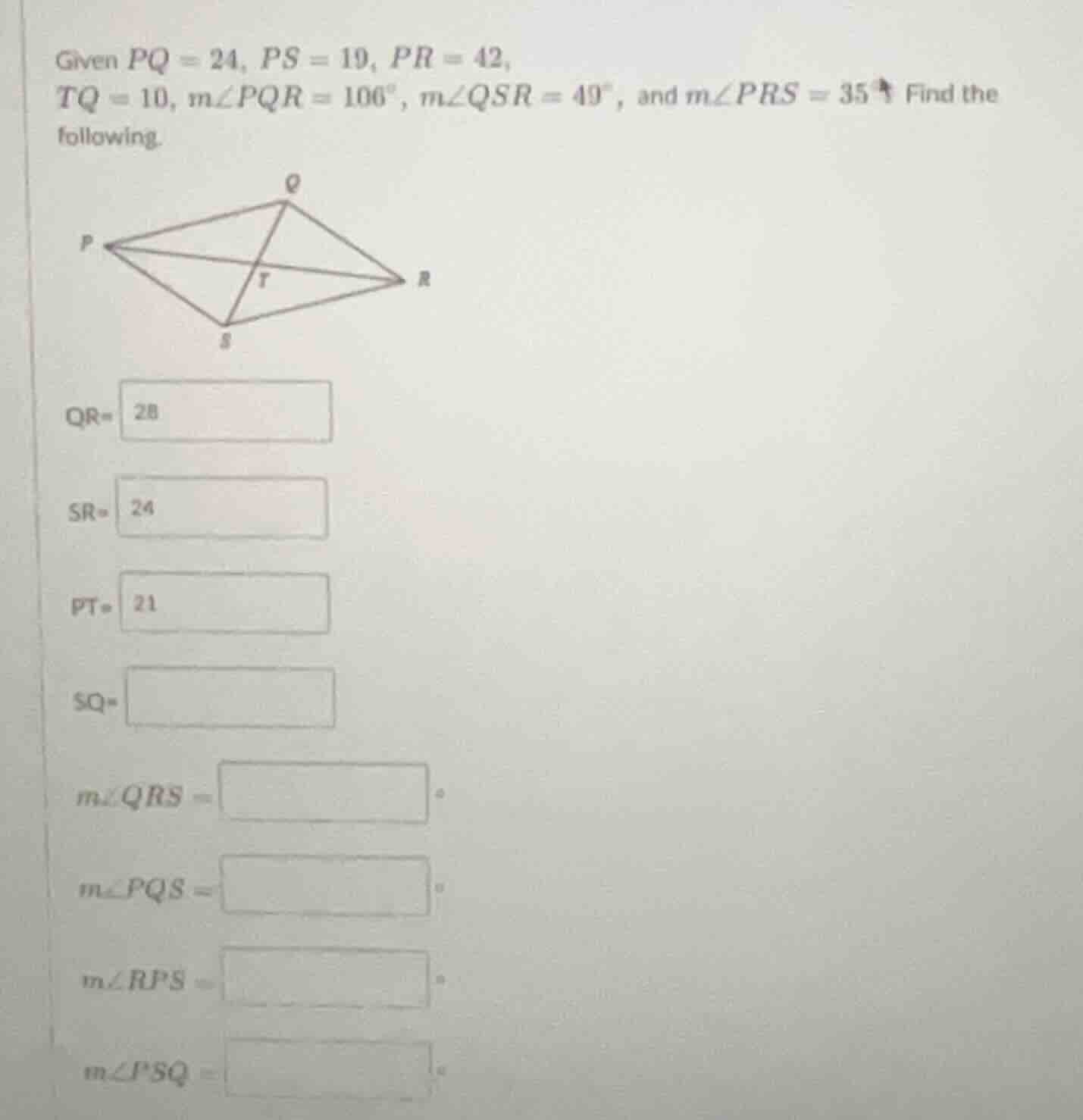 given ( pq = 24 ), ( ps = 19 ), ( pr = 42 ), ( tq = 10 ), ( mangle pqr …