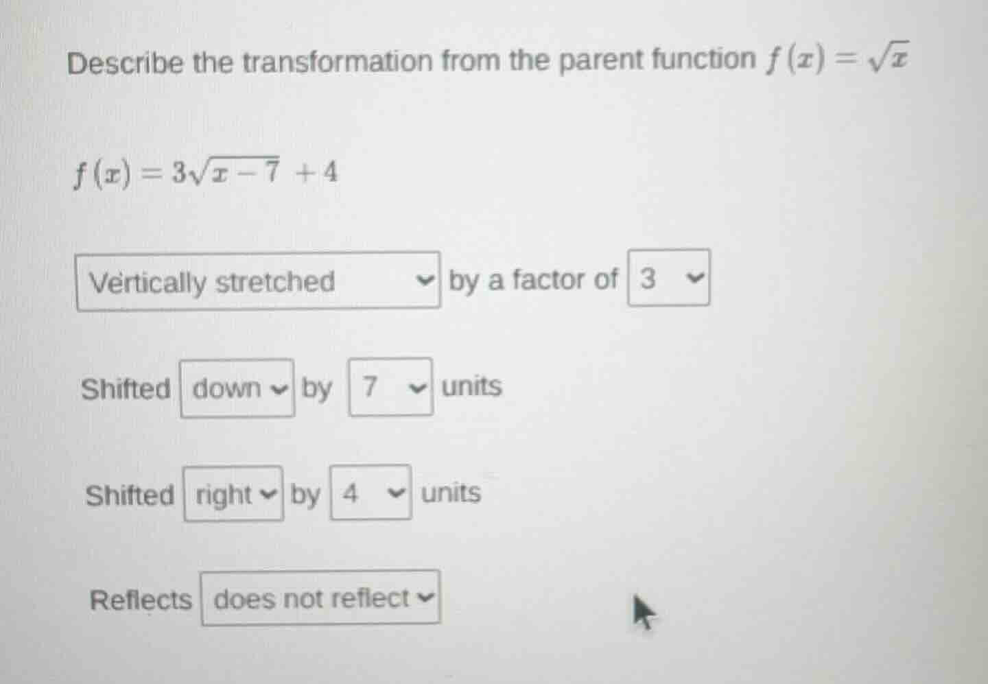 describe the transformation from the parent function $f(x)=\\sqrt{x}$ $…