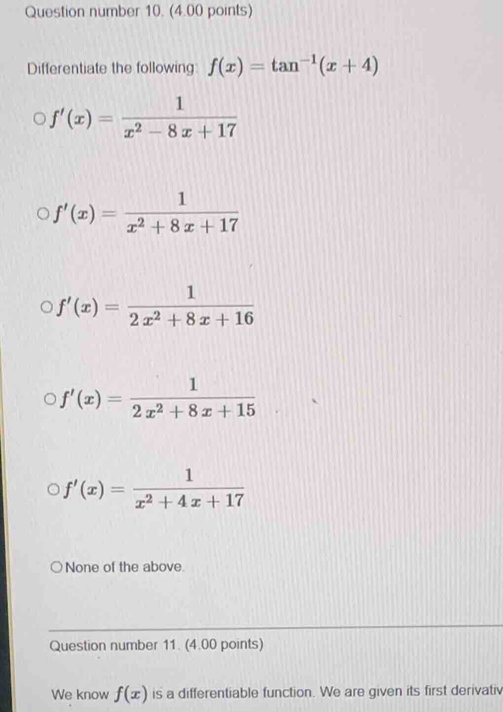 question number 10. (4.00 points) differentiate the following: $f(x) = …