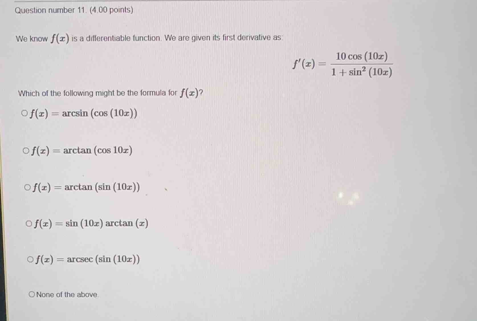 question number 11. (4.00 points) we know $f(x)$ is a differentiable fu…