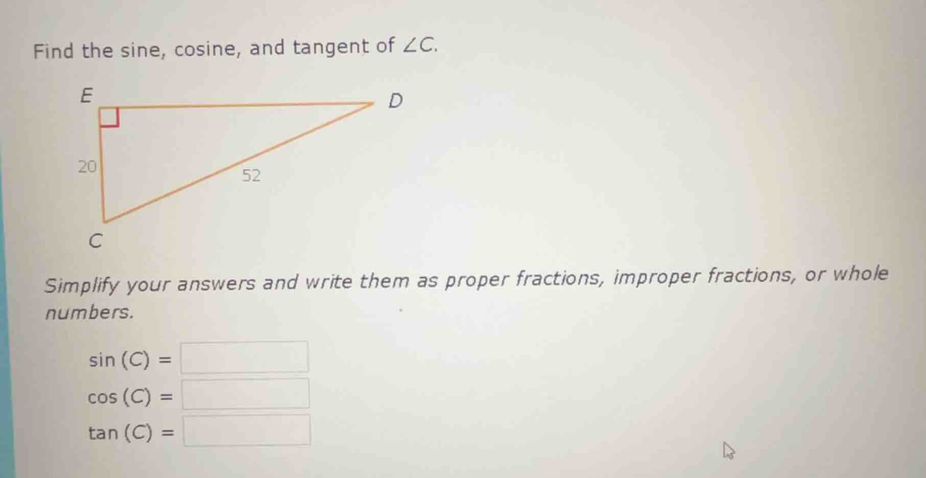 find the sine, cosine, and tangent of ∠c. simplify your answers and wri…