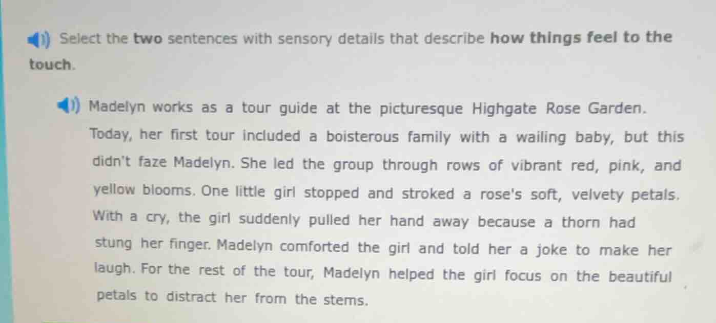 select the two sentences with sensory details that describe how things …