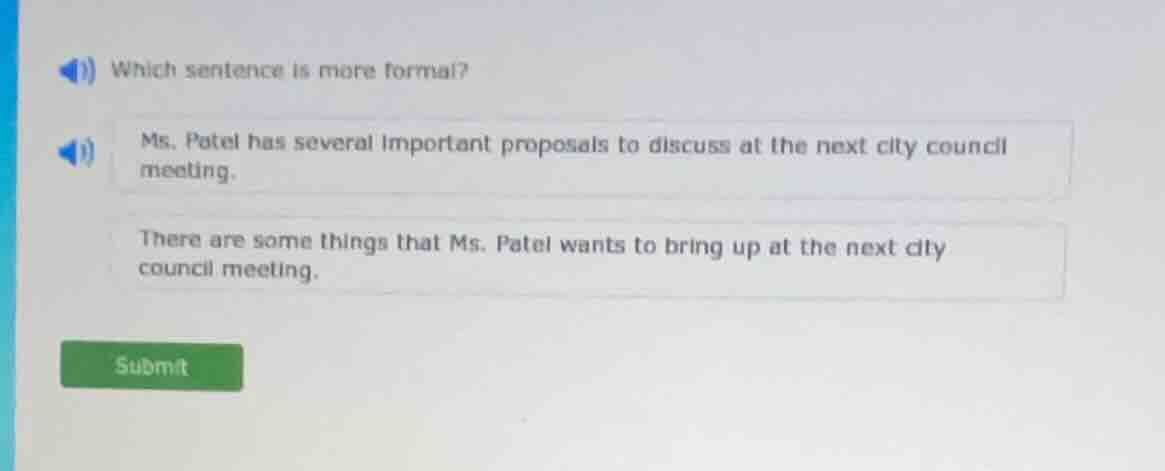 which sentence is more formal? ms. patel has several important proposal…