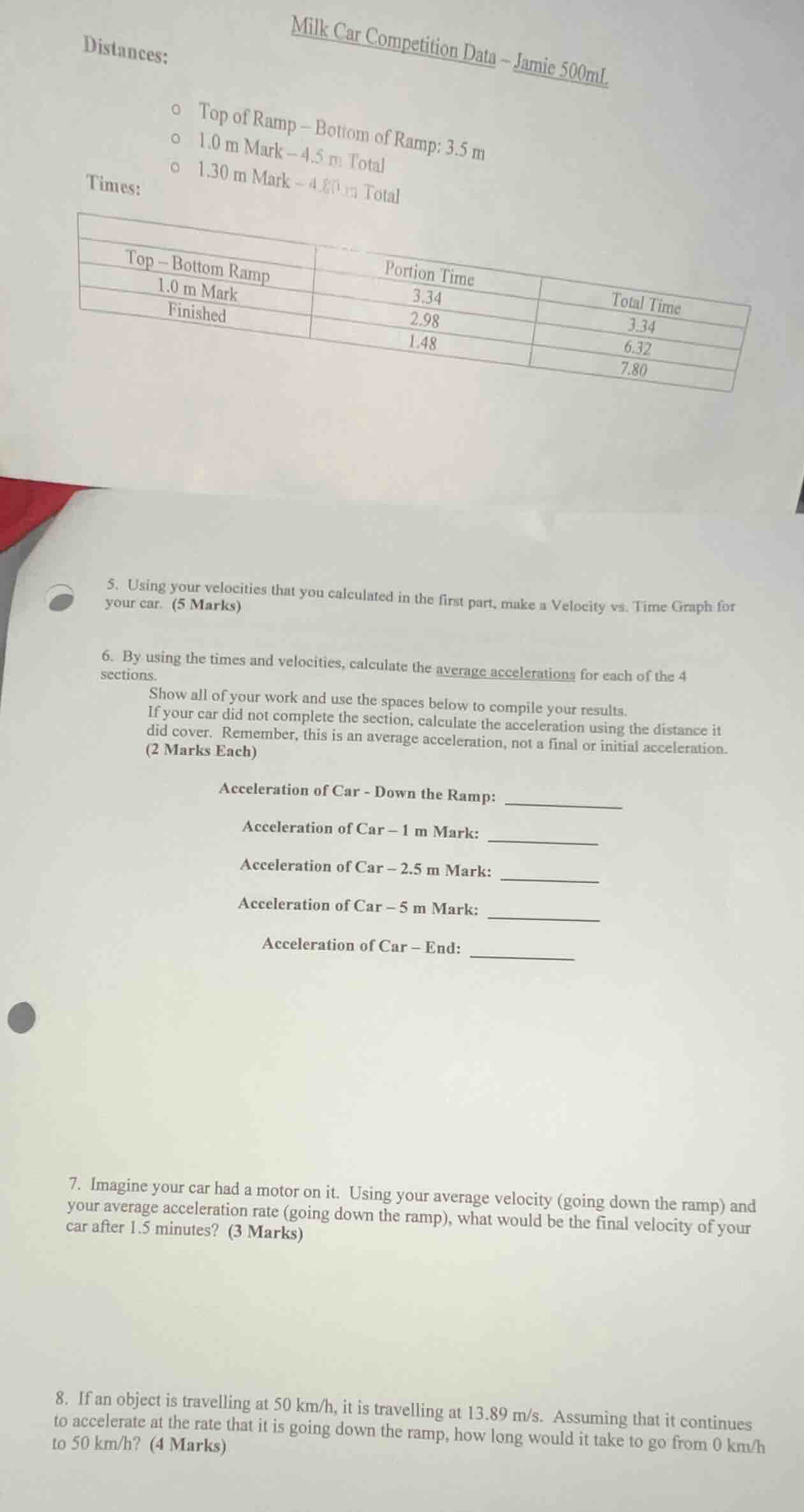 milk car competition data - jamie 500ml distances: - top of ramp – bott…