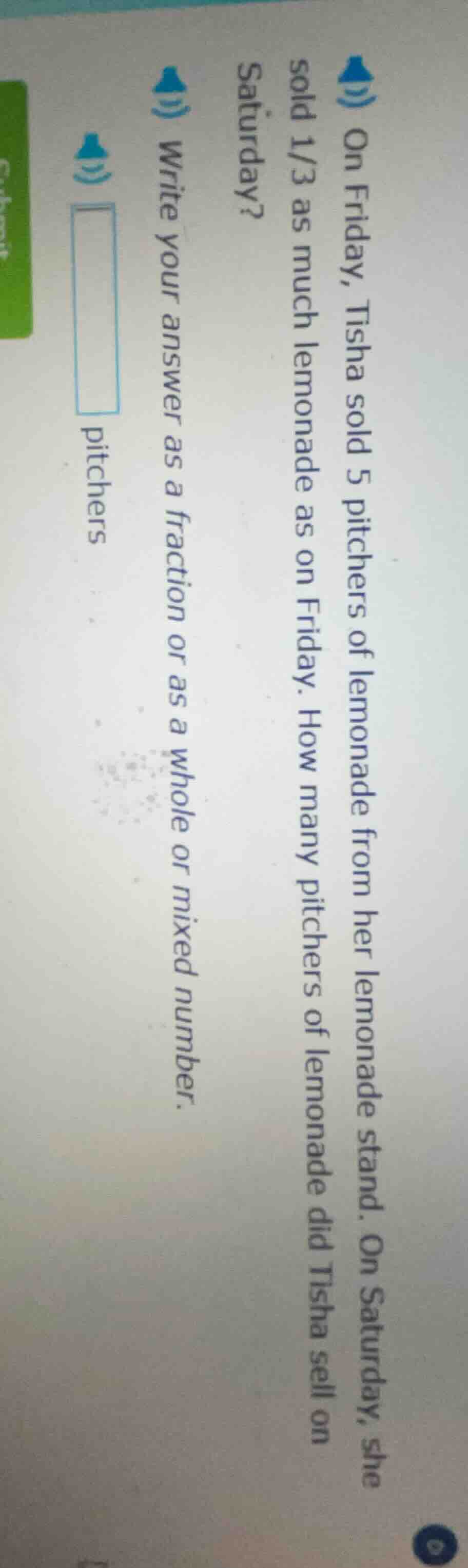 on friday, tisha sold 5 pitchers of lemonade from her lemonade stand. o…