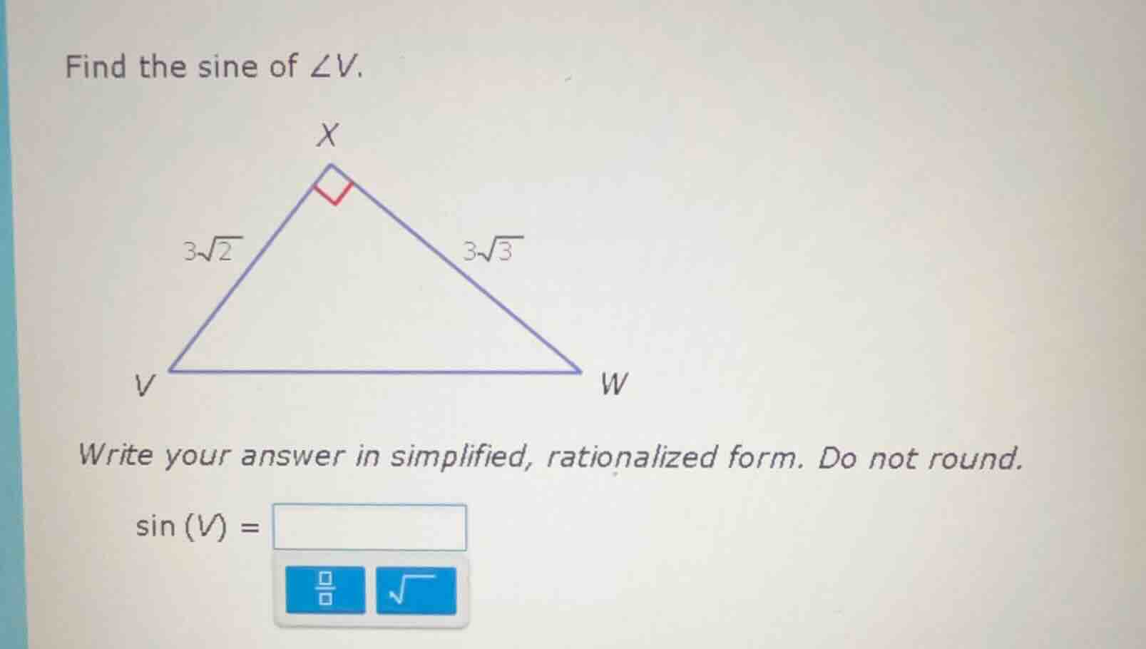 find the sine of $\\angle v$. write your answer in simplified, rational…
