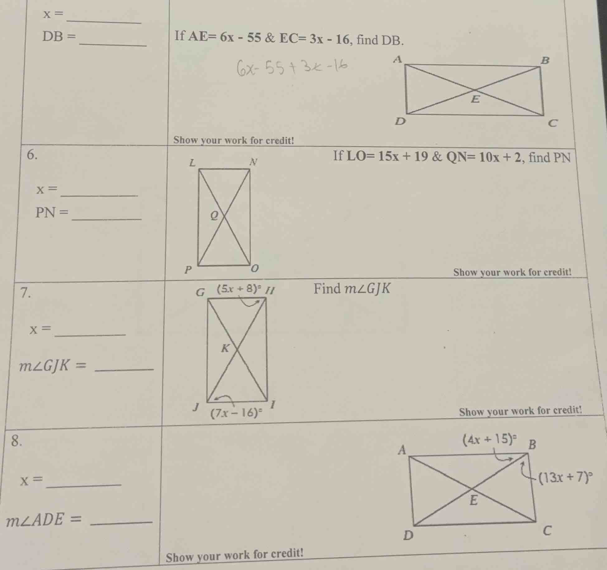 x = db = if ae= 6x - 55 & ec= 3x - 16, find db. 6x - 55 + 3x - 16 show …