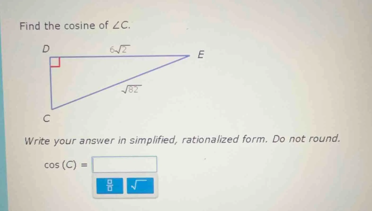 find the cosine of $\\angle c$. write your answer in simplified, ration…