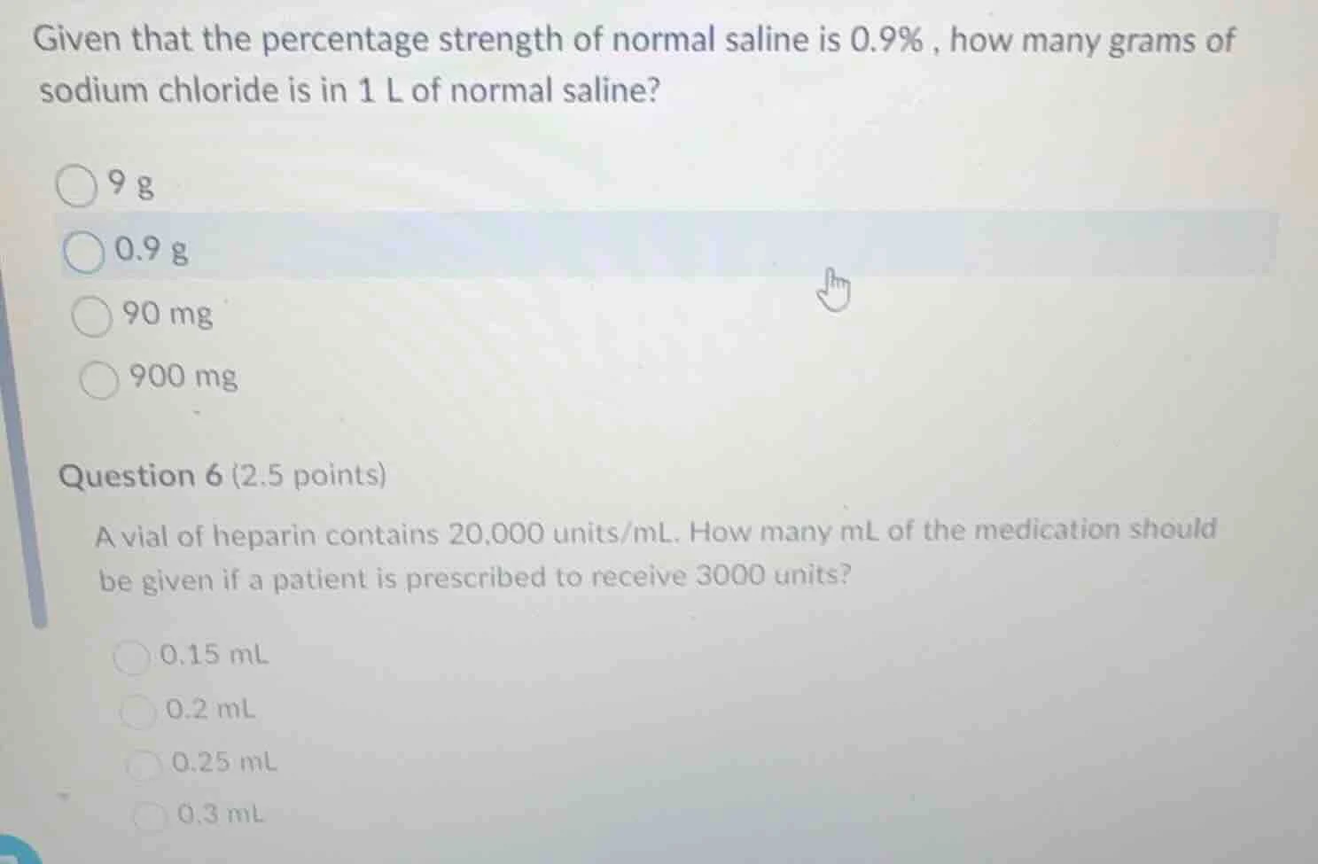 given that the percentage strength of normal saline is 0.9%, how many g…