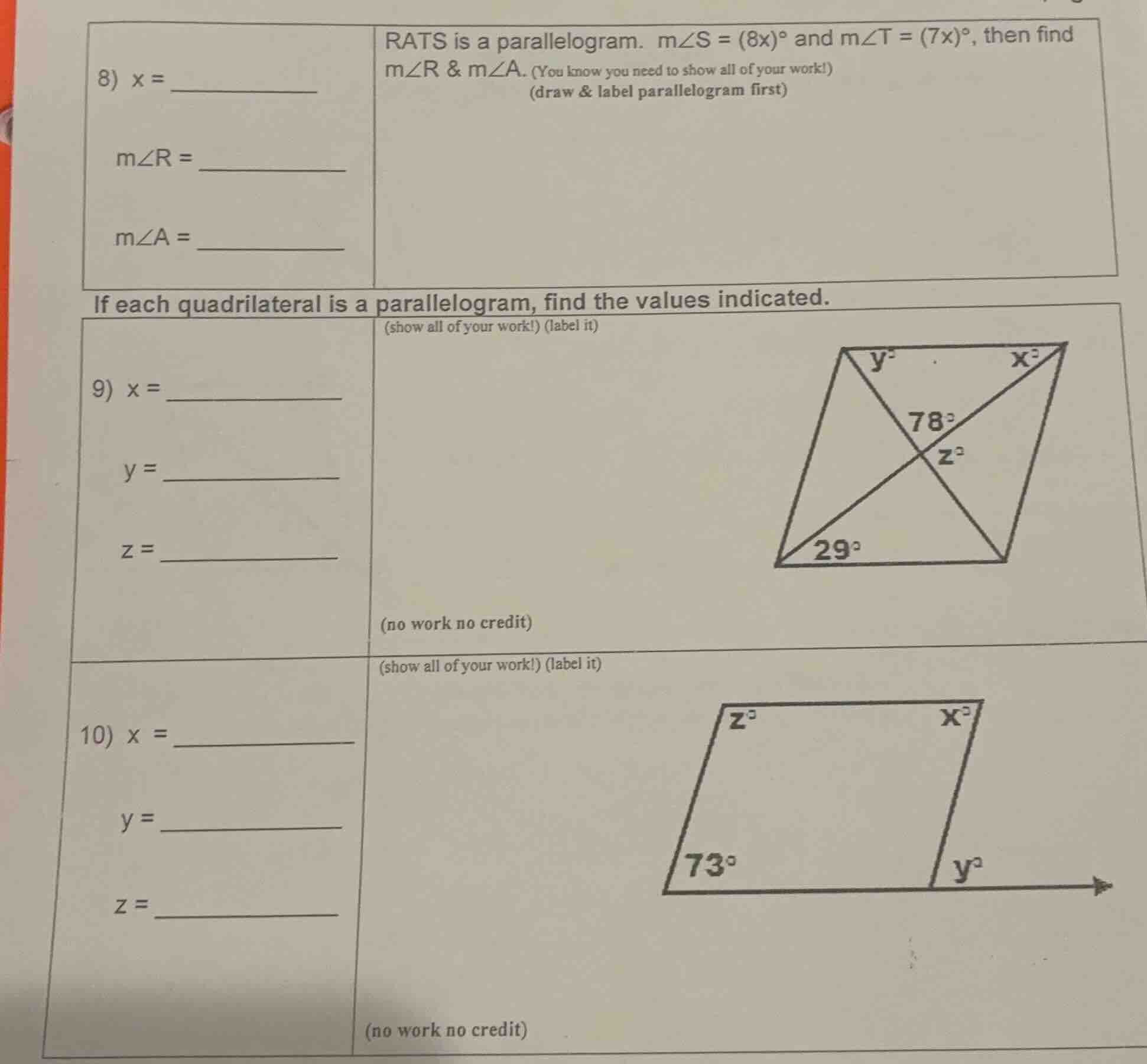 8) x = rats is a parallelogram. ( mangle s = (8x)^circ ) and ( mangle t…