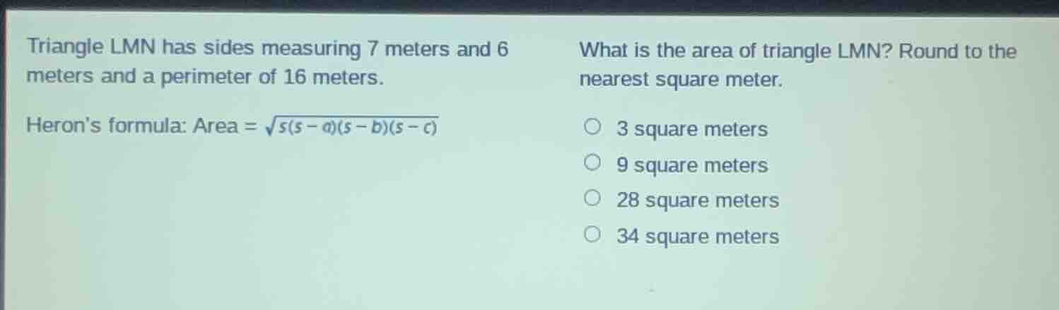 triangle lmn has sides measuring 7 meters and 6 meters and a perimeter …