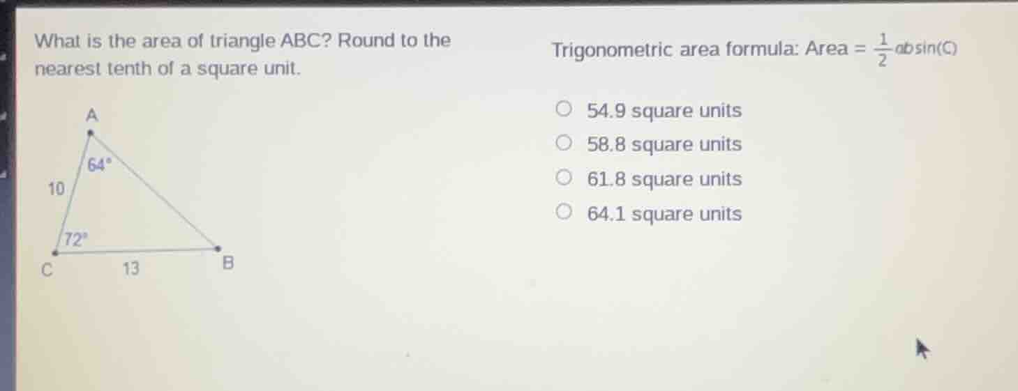 what is the area of triangle abc? round to the nearest tenth of a squar…