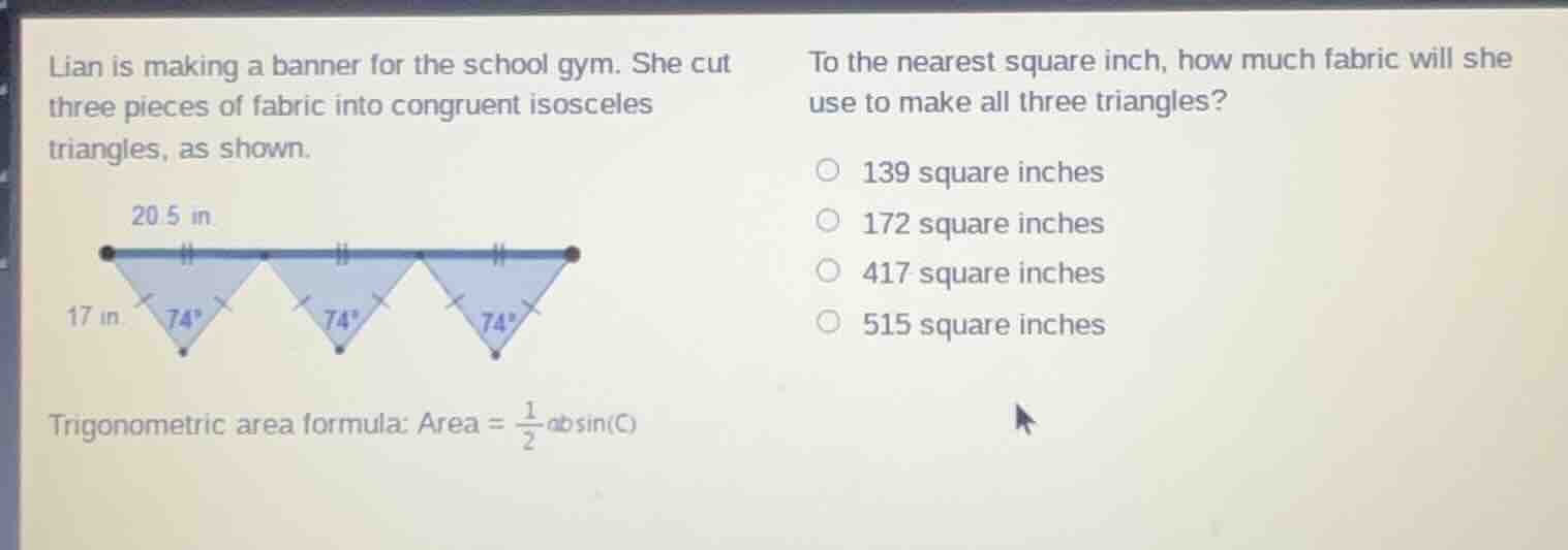 lian is making a banner for the school gym. she cut three pieces of fab…