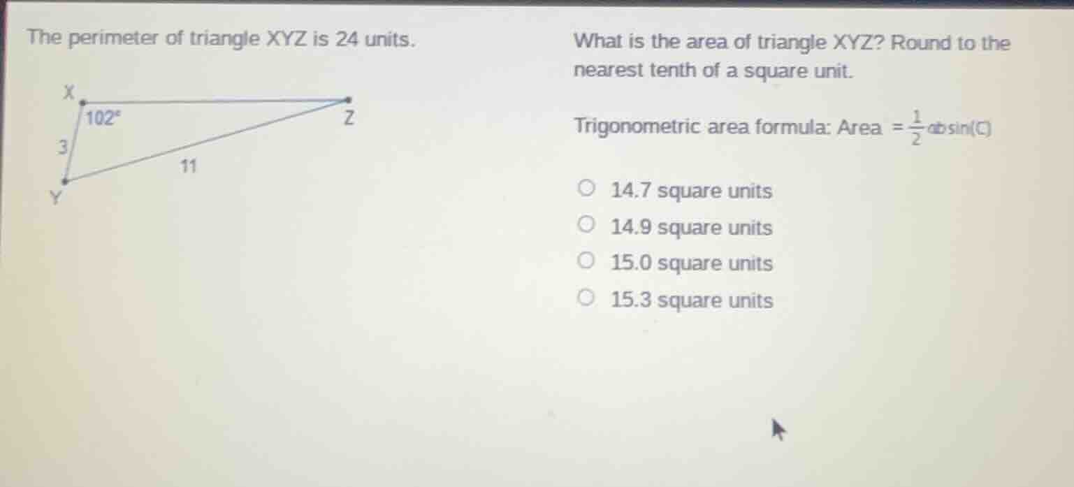 the perimeter of triangle xyz is 24 units. what is the area of triangle…
