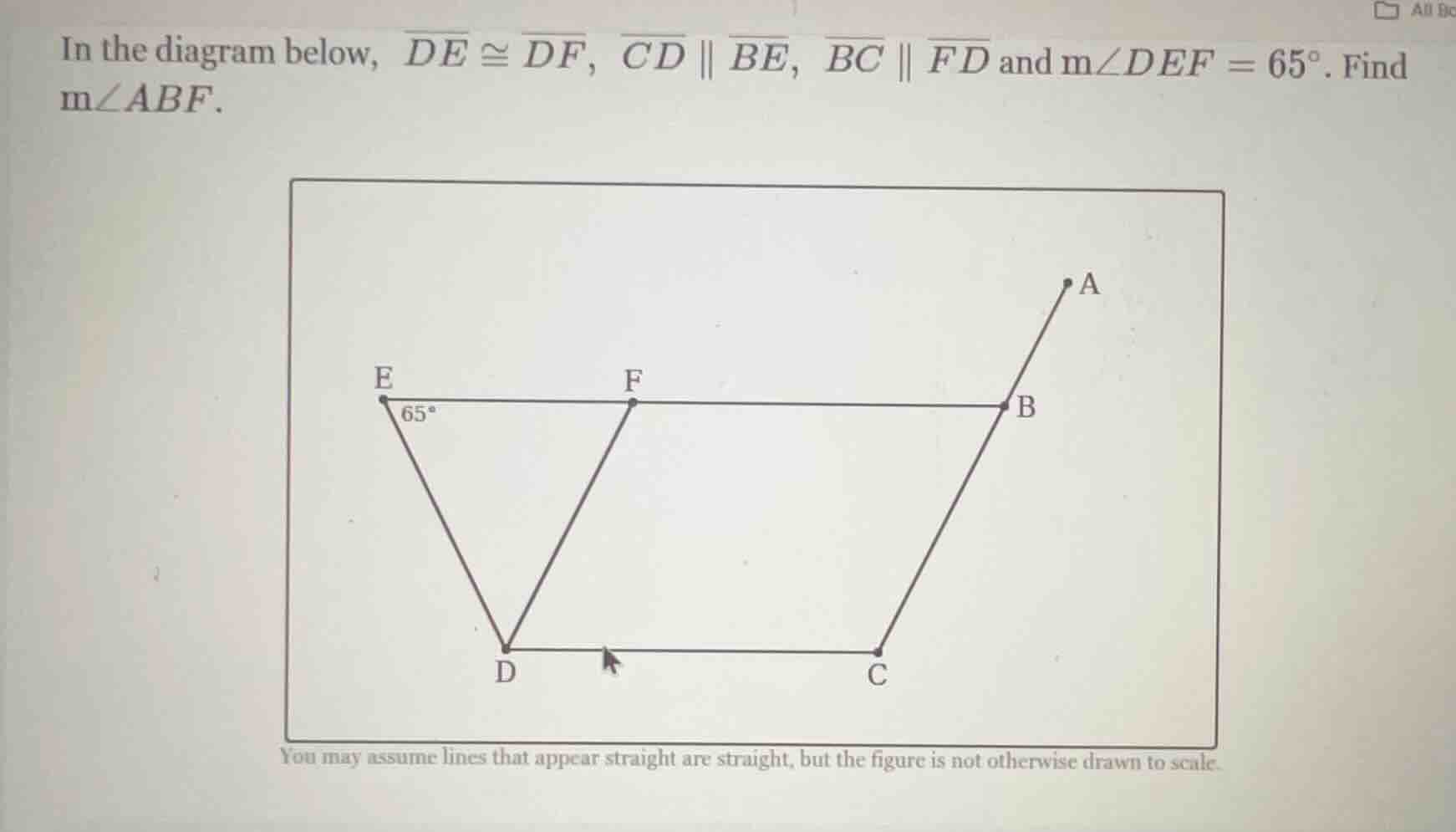 in the diagram below, \\(\\overline{de} \\cong \\overline{df}\\), \\(\\…