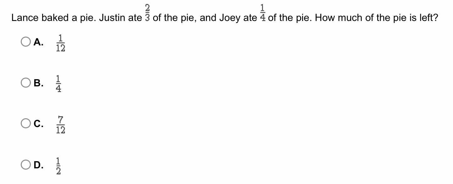 lance baked a pie. justin ate \\(\\frac{2}{3}\\) of the pie, and joey a…