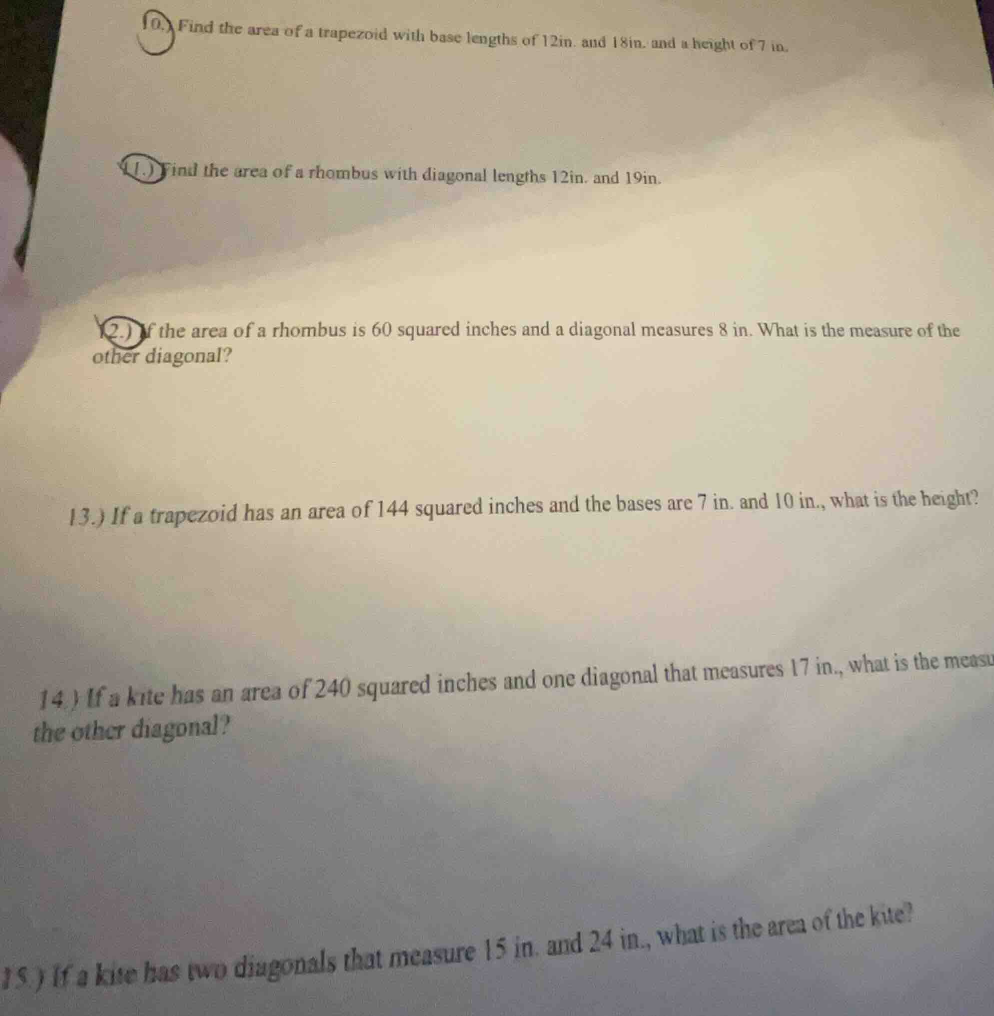 10.) find the area of a trapezoid with base lengths of 12in. and 18in. …