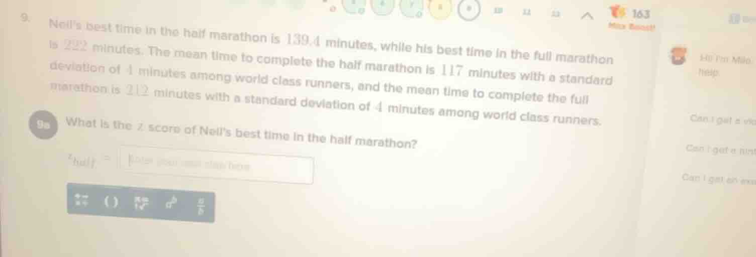 9. neils best time in the half marathon is 139.4 minutes, while his bes…