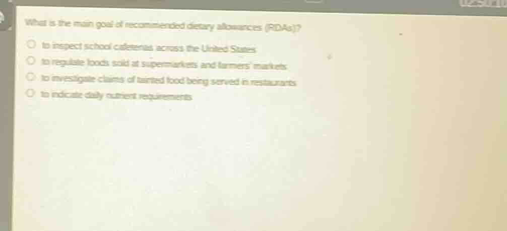 what is the main goal of recommended dietary allowances (rdas)? ○ to in…