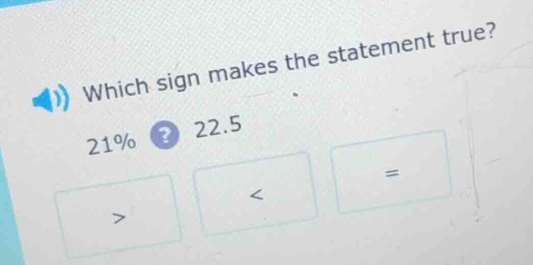 which sign makes the statement true? 21%? 22.5 > < =