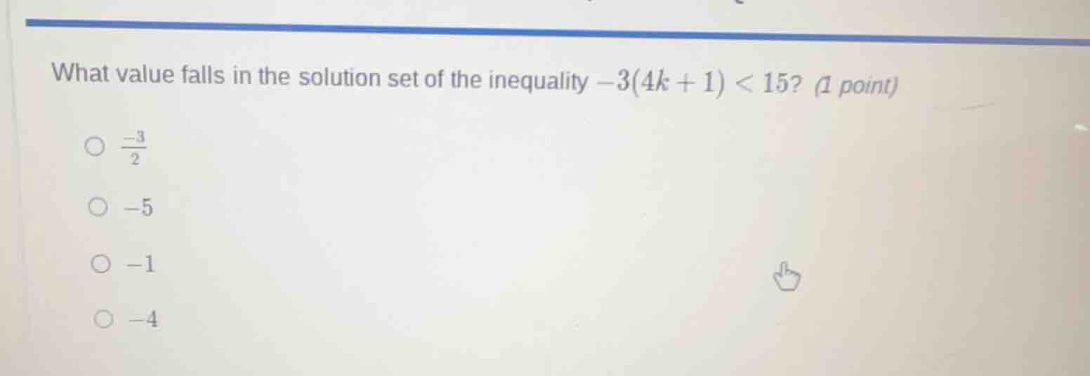 what value falls in the solution set of the inequality $-3(4k + 1) < 15…
