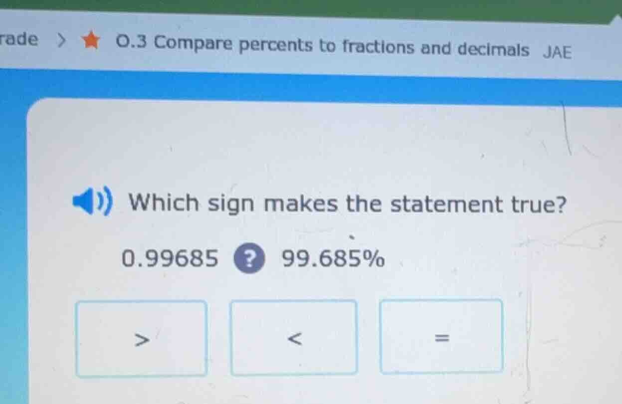 which sign makes the statement true? 0.99685? 99.685% > < =