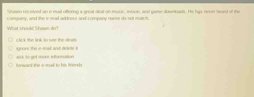 shawn received an e - mail offering a great deal on music, movie, and g…