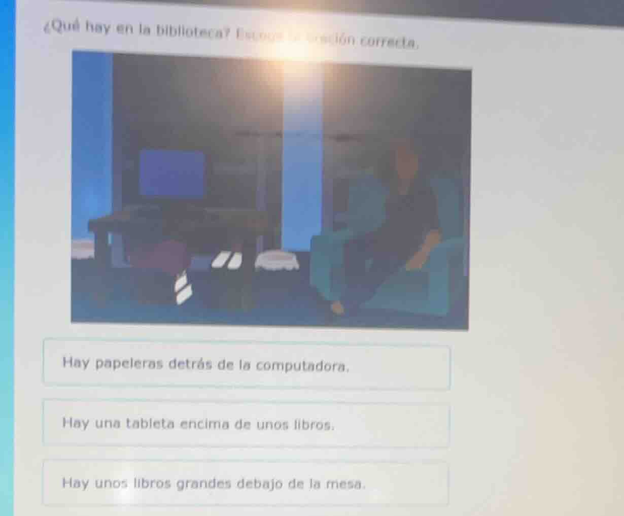¿qué hay en la biblioteca? escoge la oración correcta. hay papeleras de…