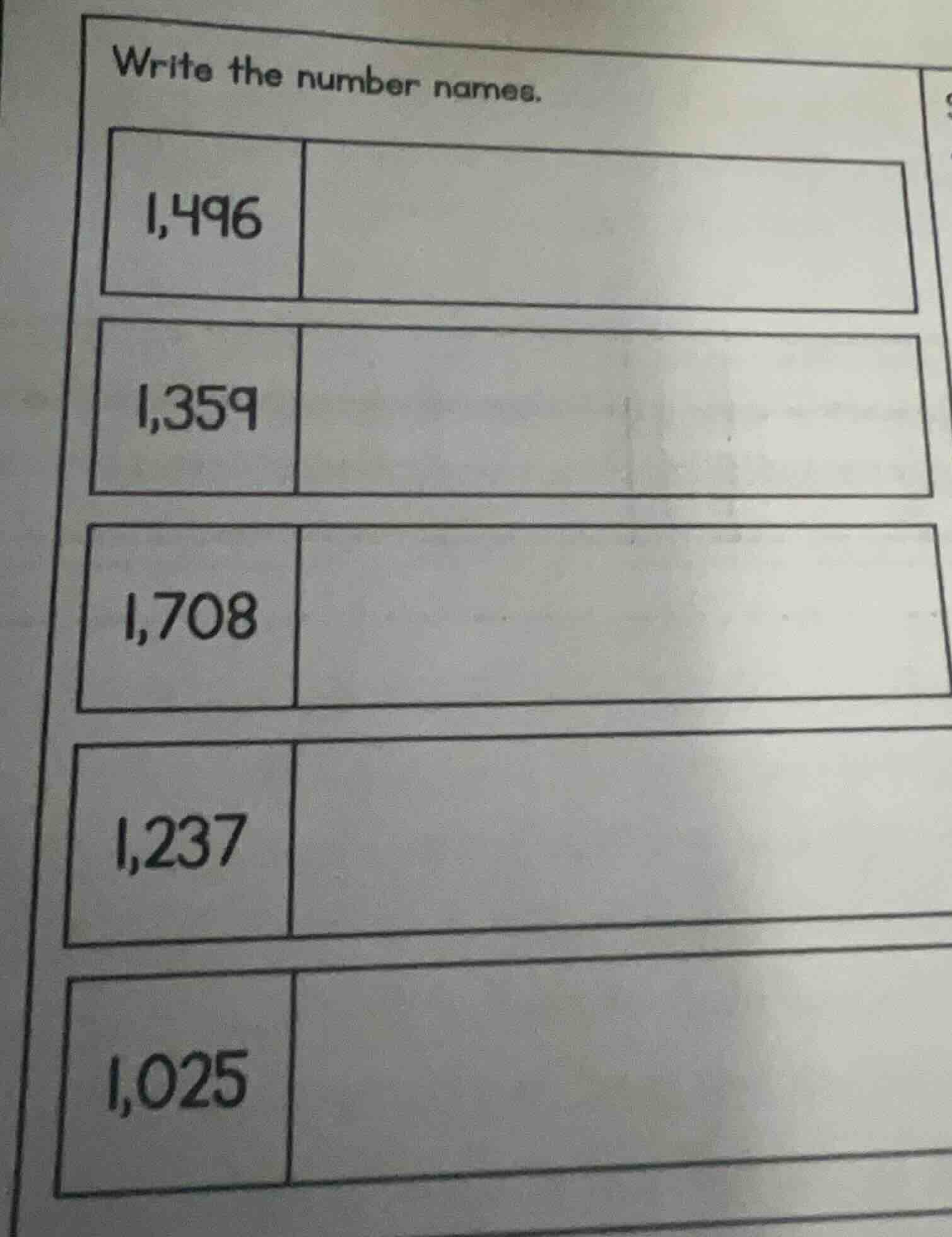 write the number names. 1,496 1,359 1,708 1,237 1,025