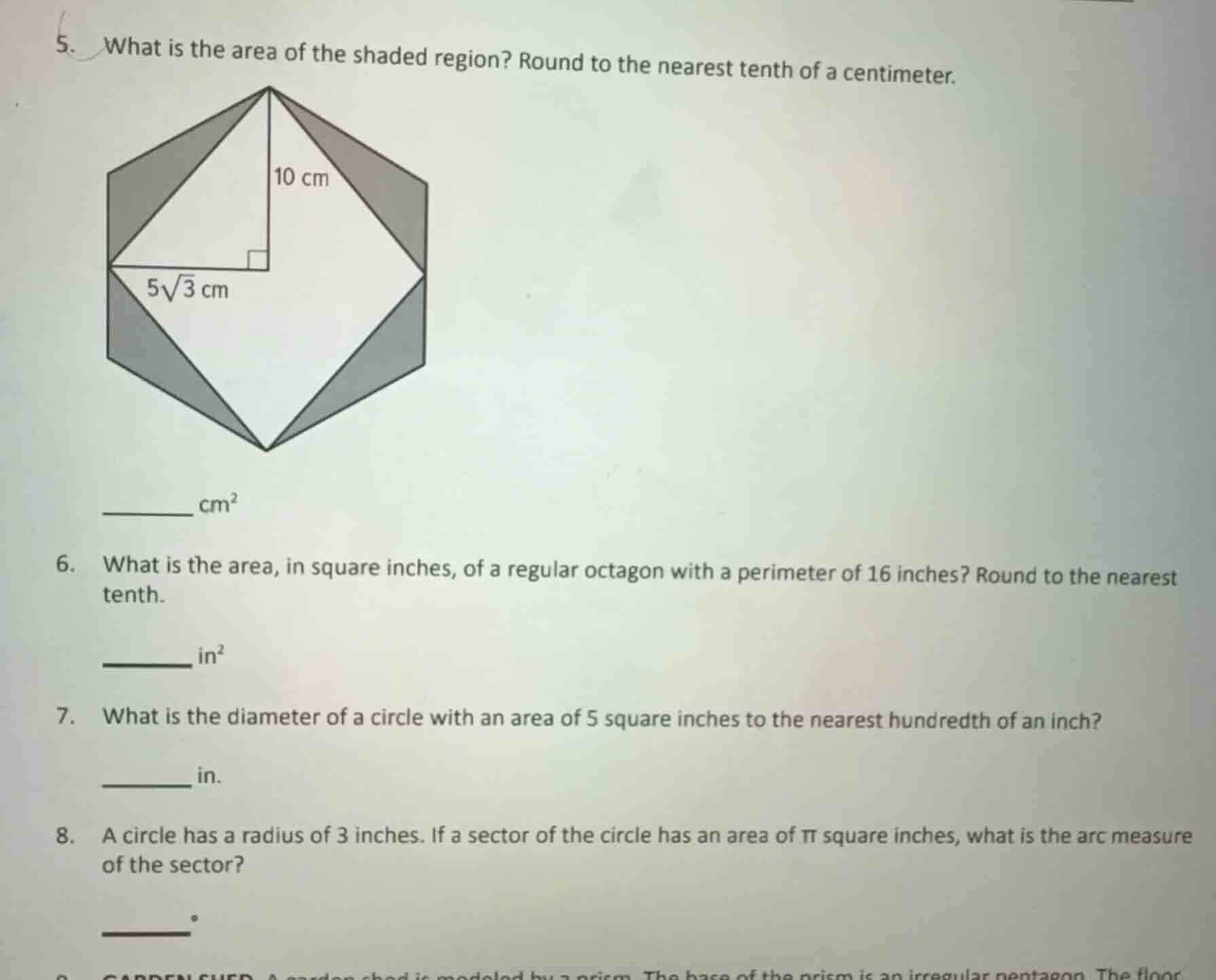5. what is the area of the shaded region? round to the nearest tenth of…