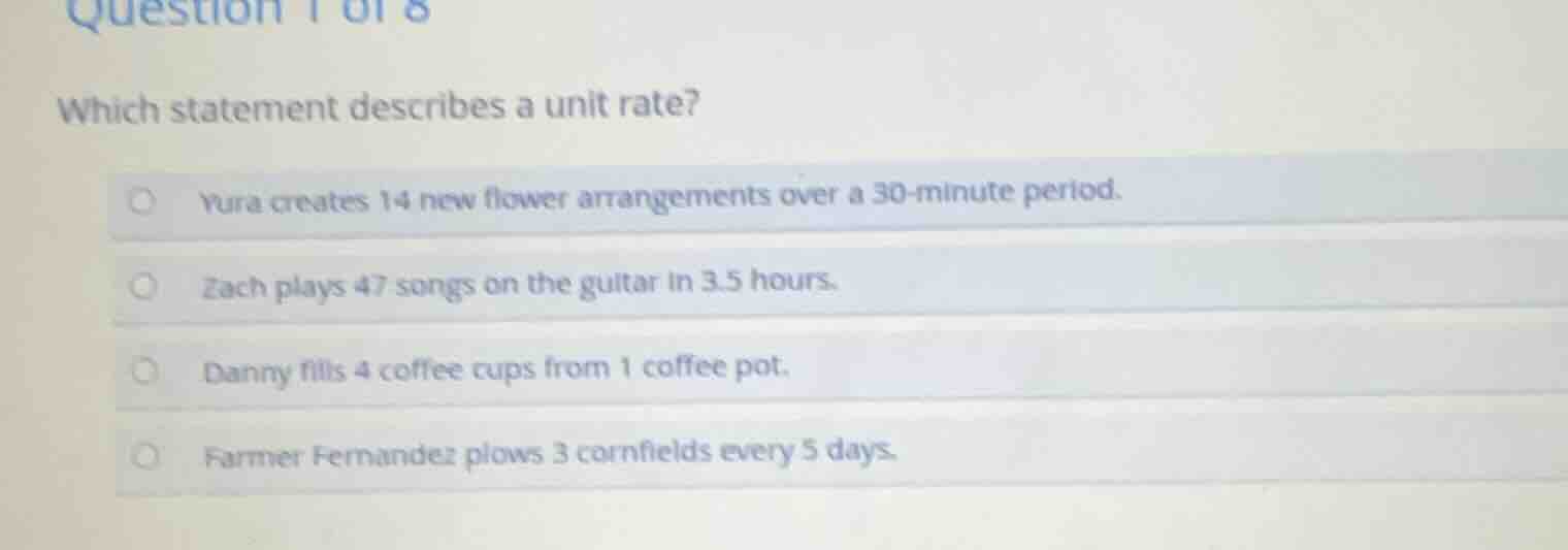 question 1 of 8 which statement describes a unit rate? yura creates 14 …