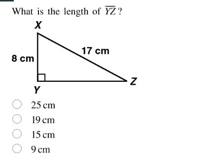 what is the length of \\(\\overline{yz}\\)? 8 cm 17 cm 25 cm 19 cm 15 c…