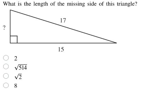 what is the length of the missing side of this triangle? ? 17 15 2 \\sq…