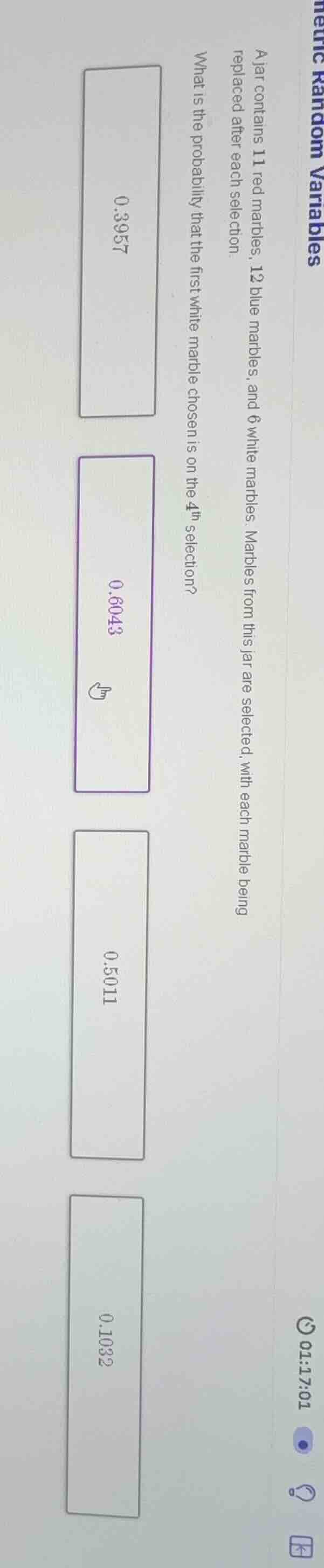 a jar contains 11 red marbles, 12 blue marbles, and 6 white marbles. ma…