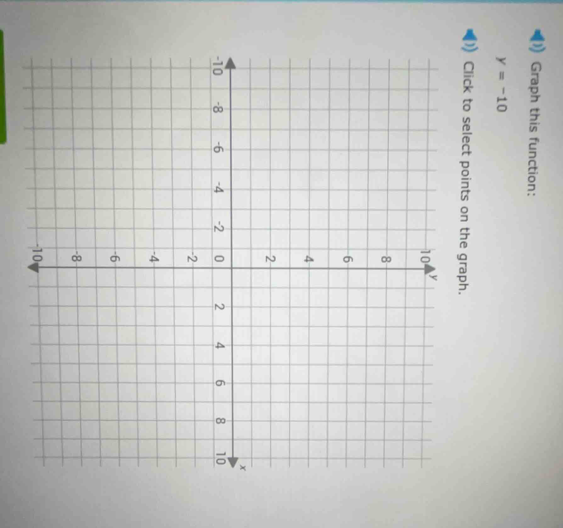 graph this function: y = -10 click to select points on the graph.
