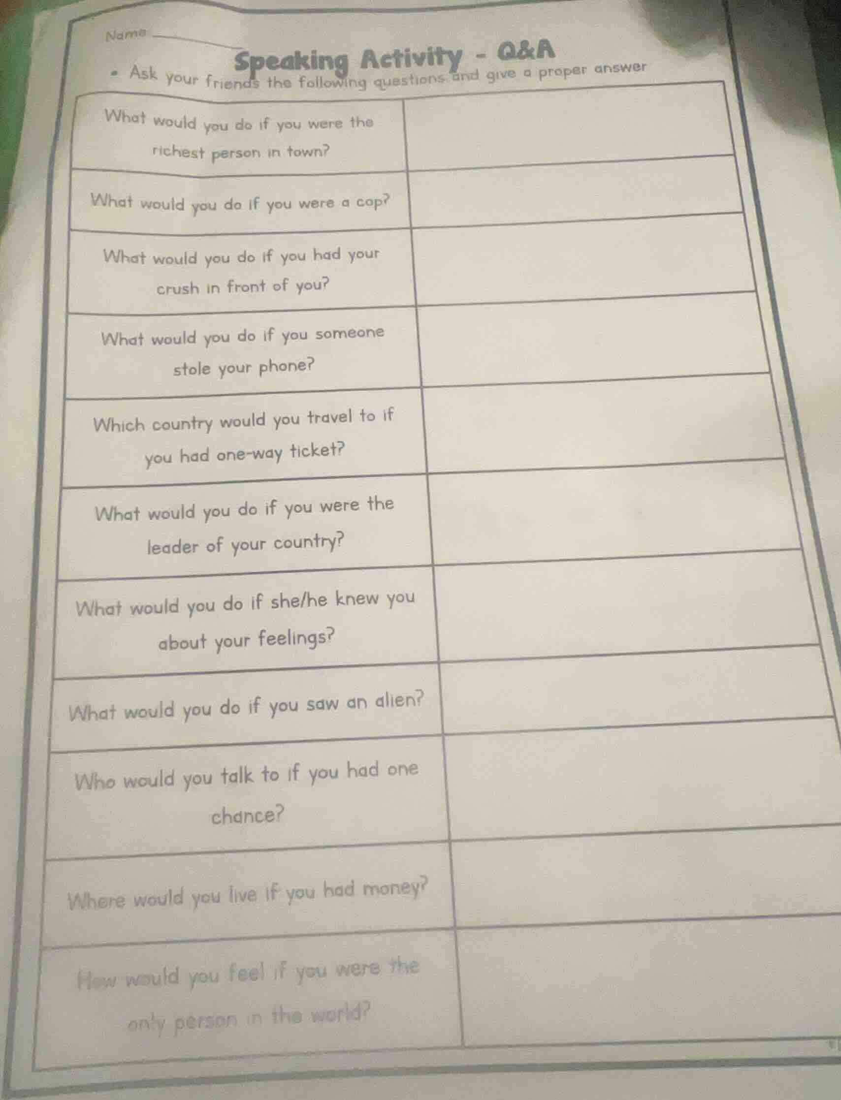 name speaking activity - q&a - ask your friends the following questions…