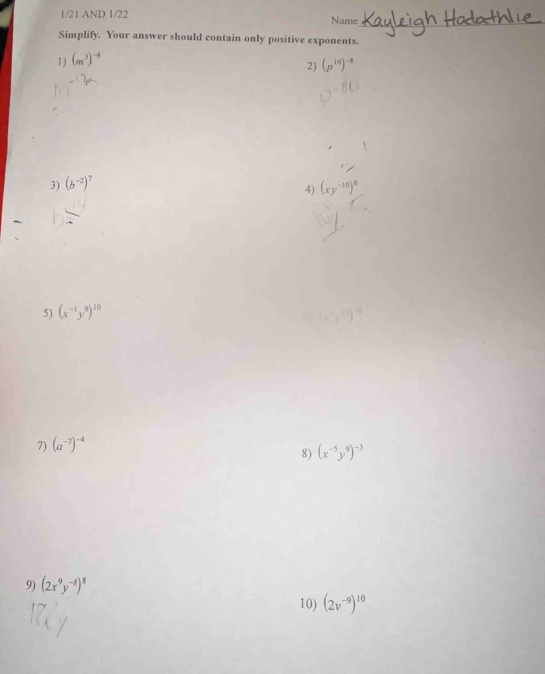 1/21 and 1/22 name kayleigh hadathlie simplify. your answer should cont…