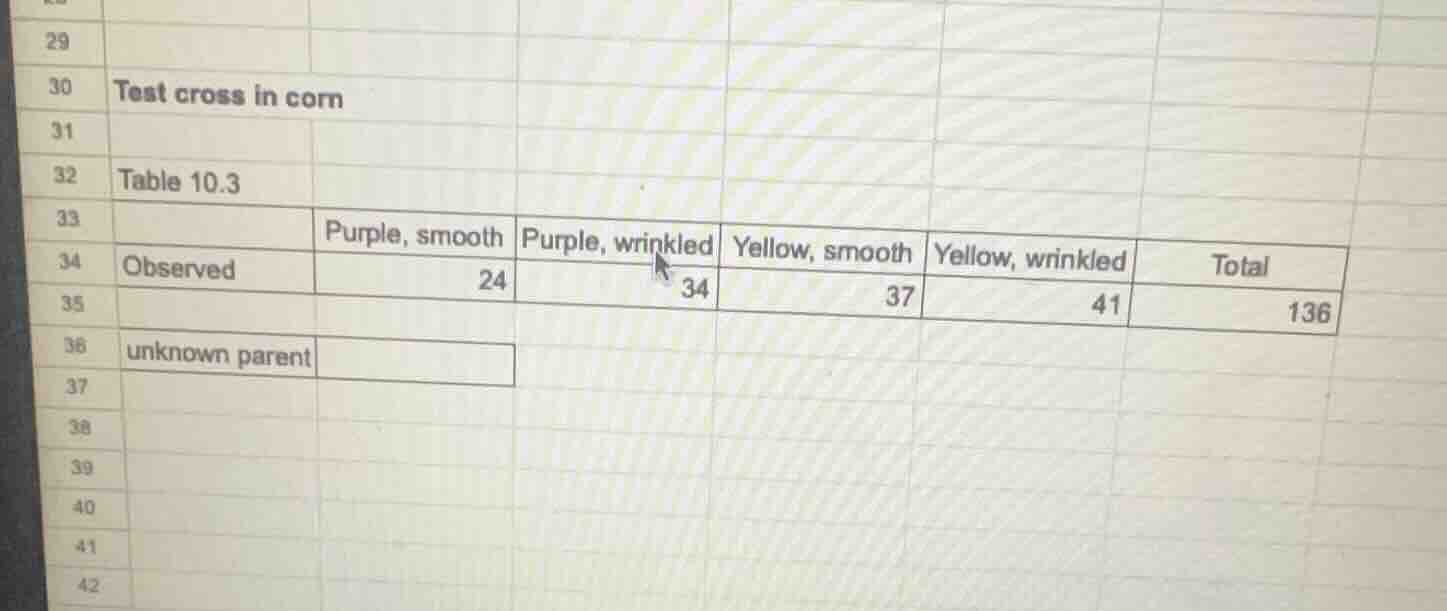 test cross in corn table 10.3 observed: purple, smooth 24; purple, wrin…