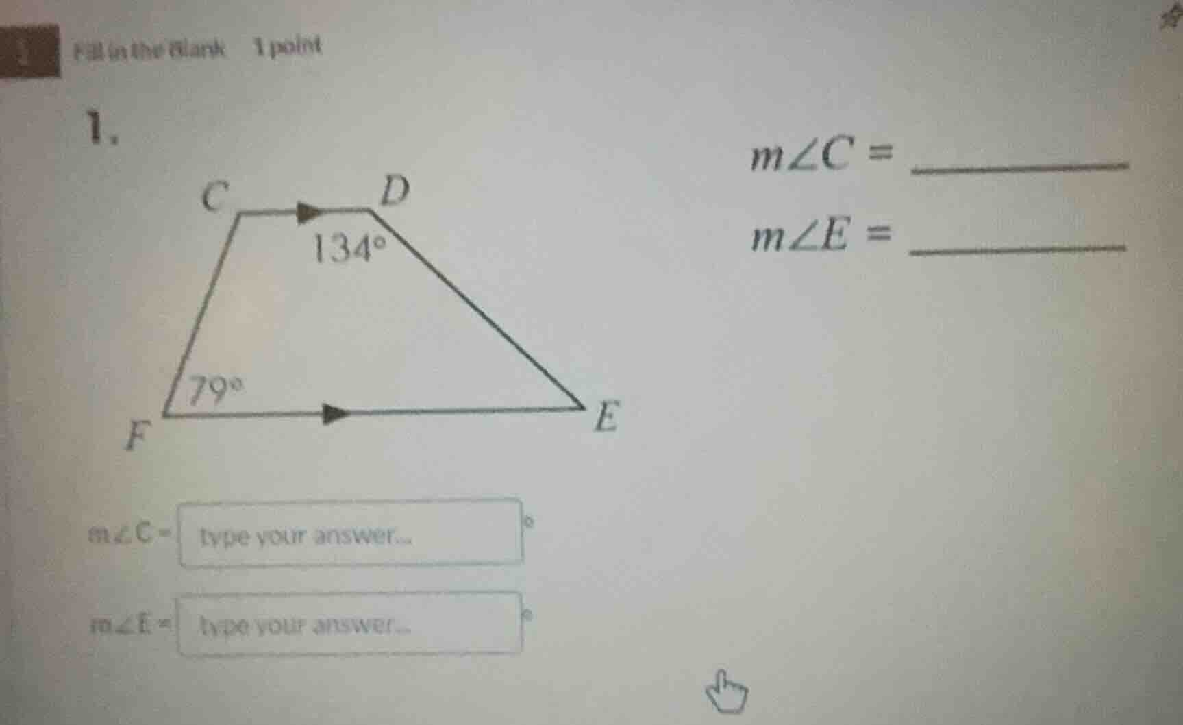 fill in the blank 1 point 1. $m\\angle c = \\underline{\\quad\\quad}$ $…