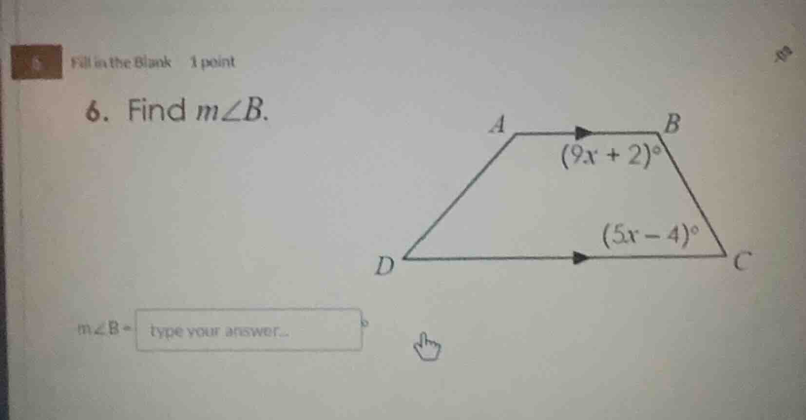 fill in the blank 1 point 6. find ( mangle b ). ( mangle b = ) type you…