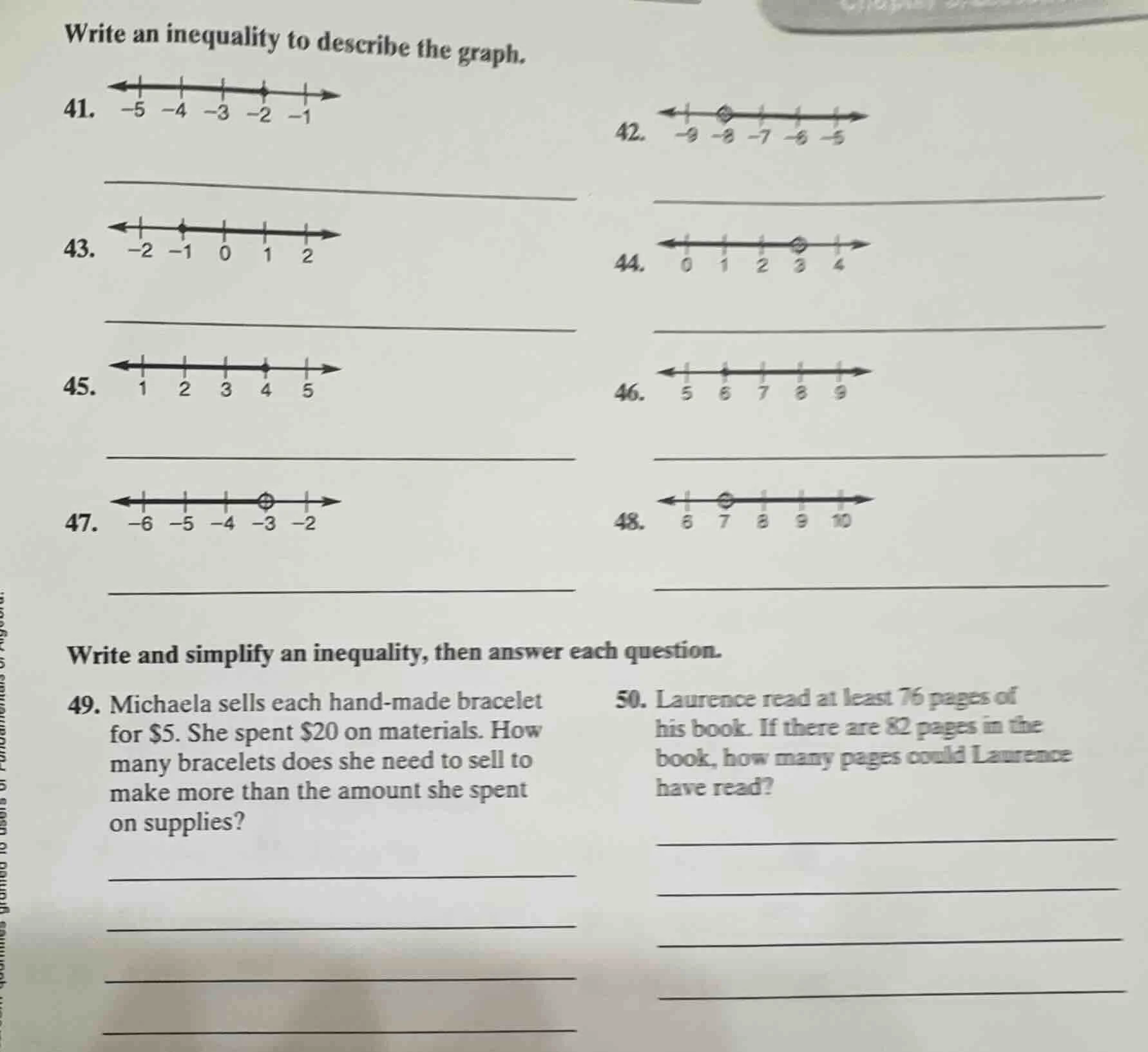 write an inequality to describe the graph. 41. 42. 43. 44. 45. 46. 47. …