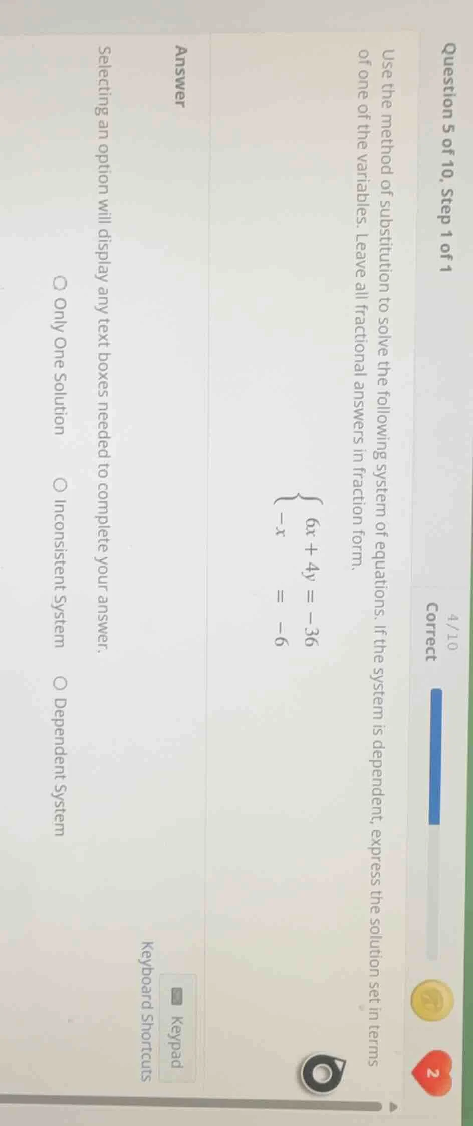 question 5 of 10, step 1 of 1 use the method of substitution to solve t…