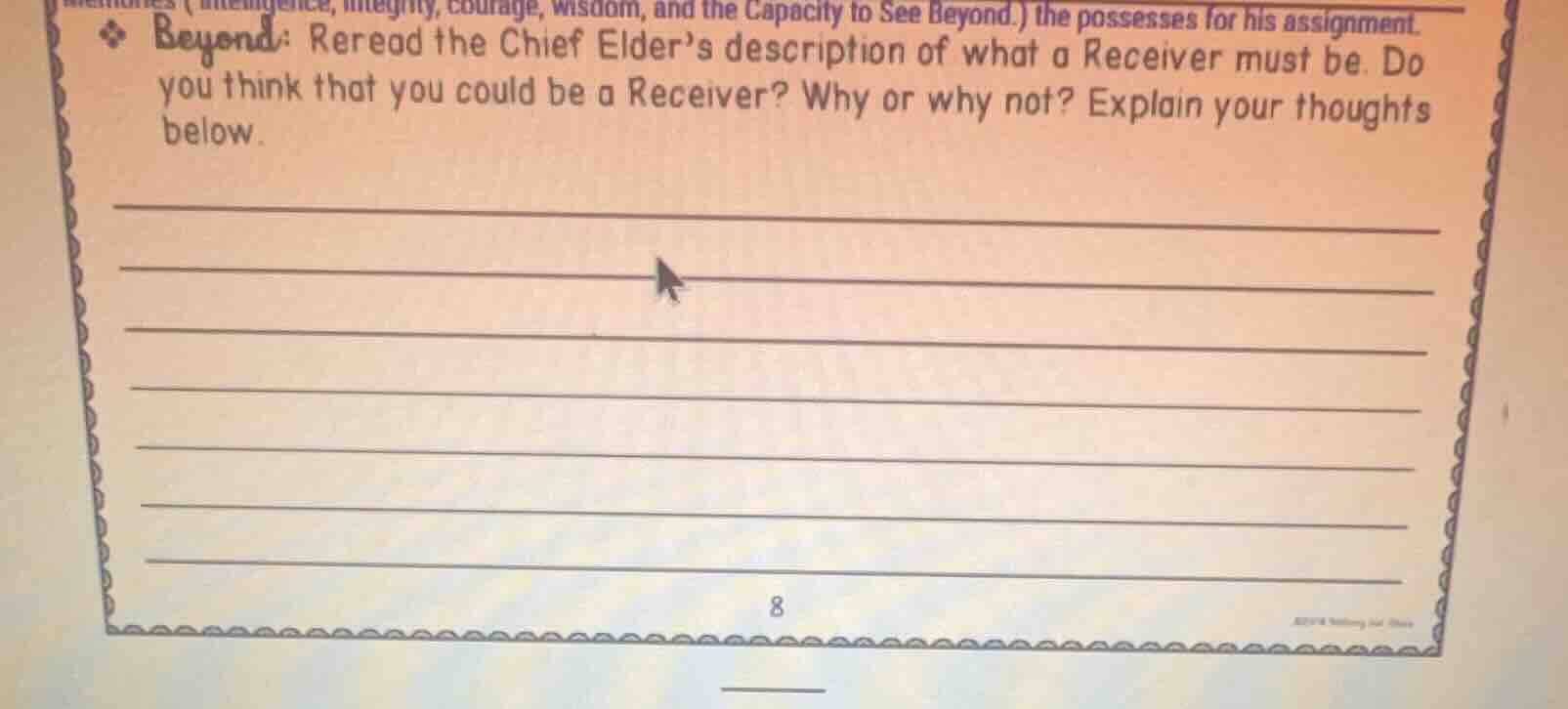 beyond: reread the chief elder’s description of what a receiver must be…