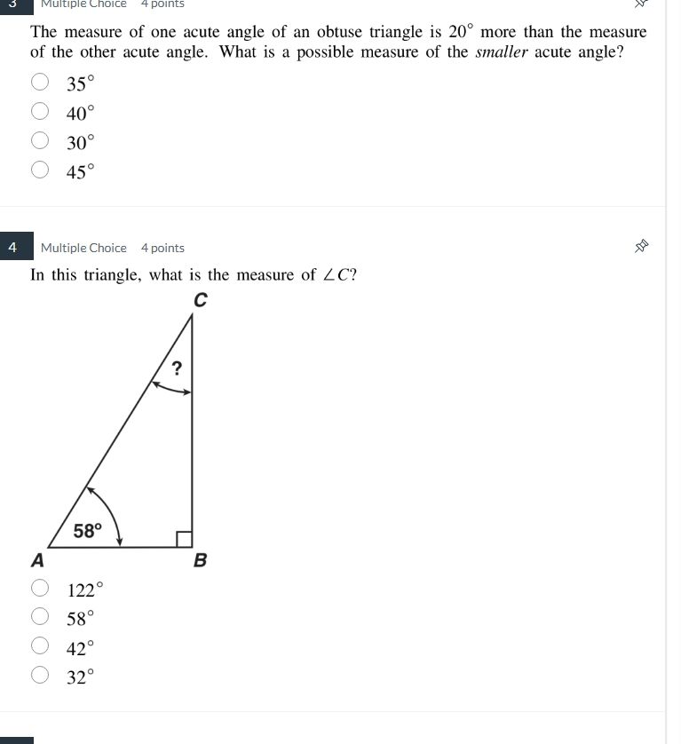 3 multiple choice 4 points the measure of one acute angle of an obtuse …